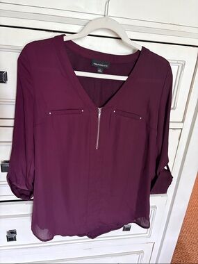 Plum Zip-Front V-Neck Blouse